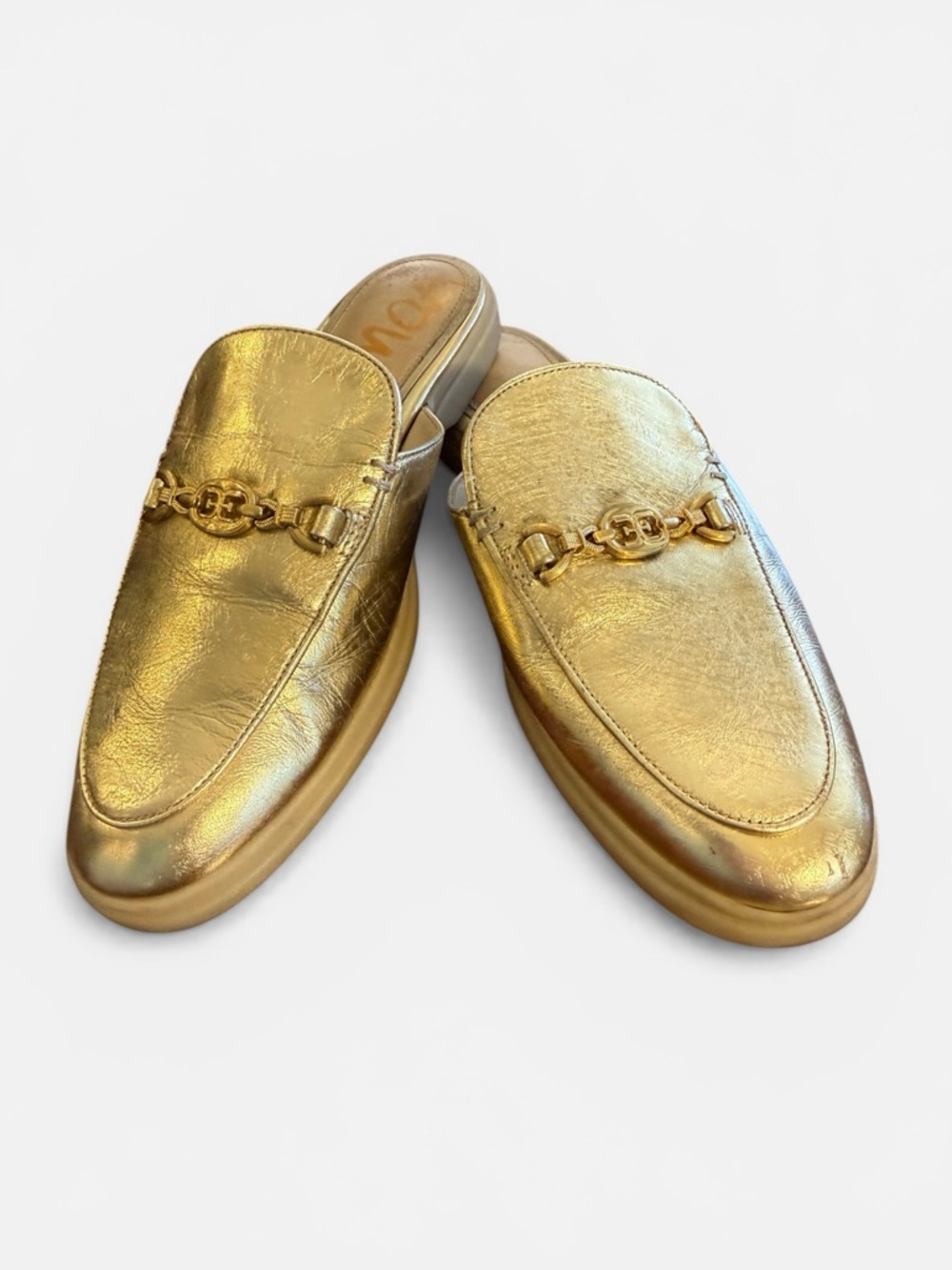 ✨ Sam Edelman Kira Gold Leather Slip-On Mules with Chain Detail Size 7